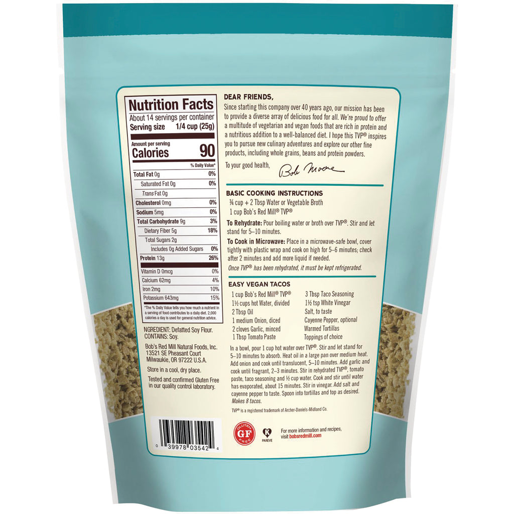 BOB404 | Back of teal product pouch showing Nutrition Facts panel, cooking instructions, ingredient list and barcode - Thumbnail