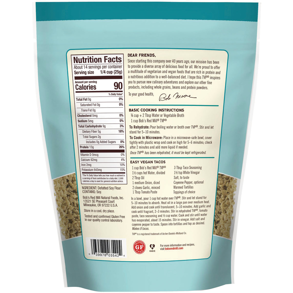 BOB404 | Back of teal product pouch showing Nutrition Facts panel, cooking instructions, ingredient list and barcode