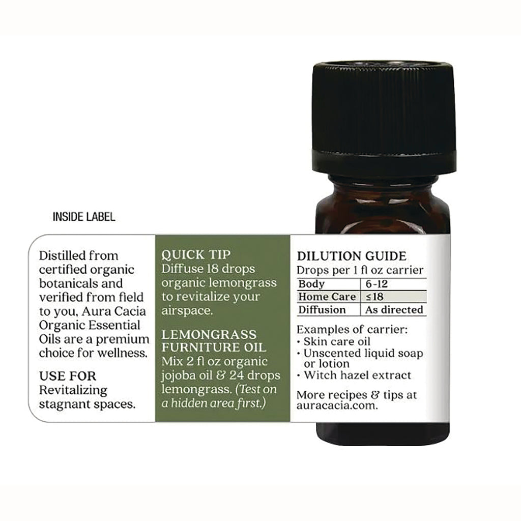 ARC023 | Back label of lemongrass essential oil bottle showing dilution guide, quick tip and usage instructions - Thumbnail