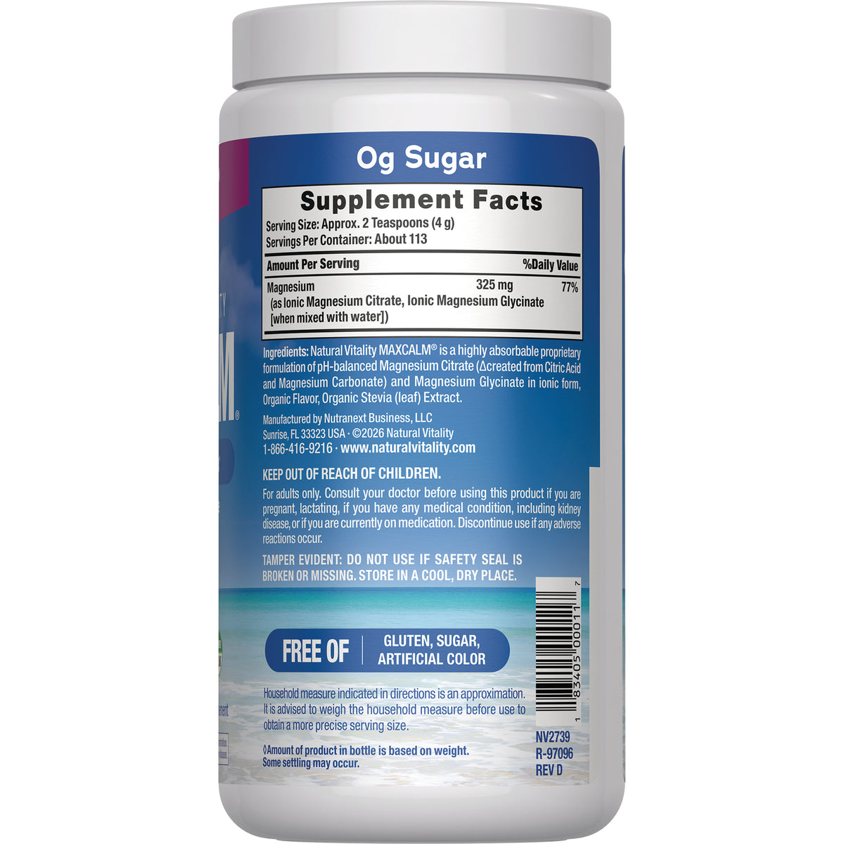 NVT002 | back label of supplement jar showing directions, supplement facts table and barcode