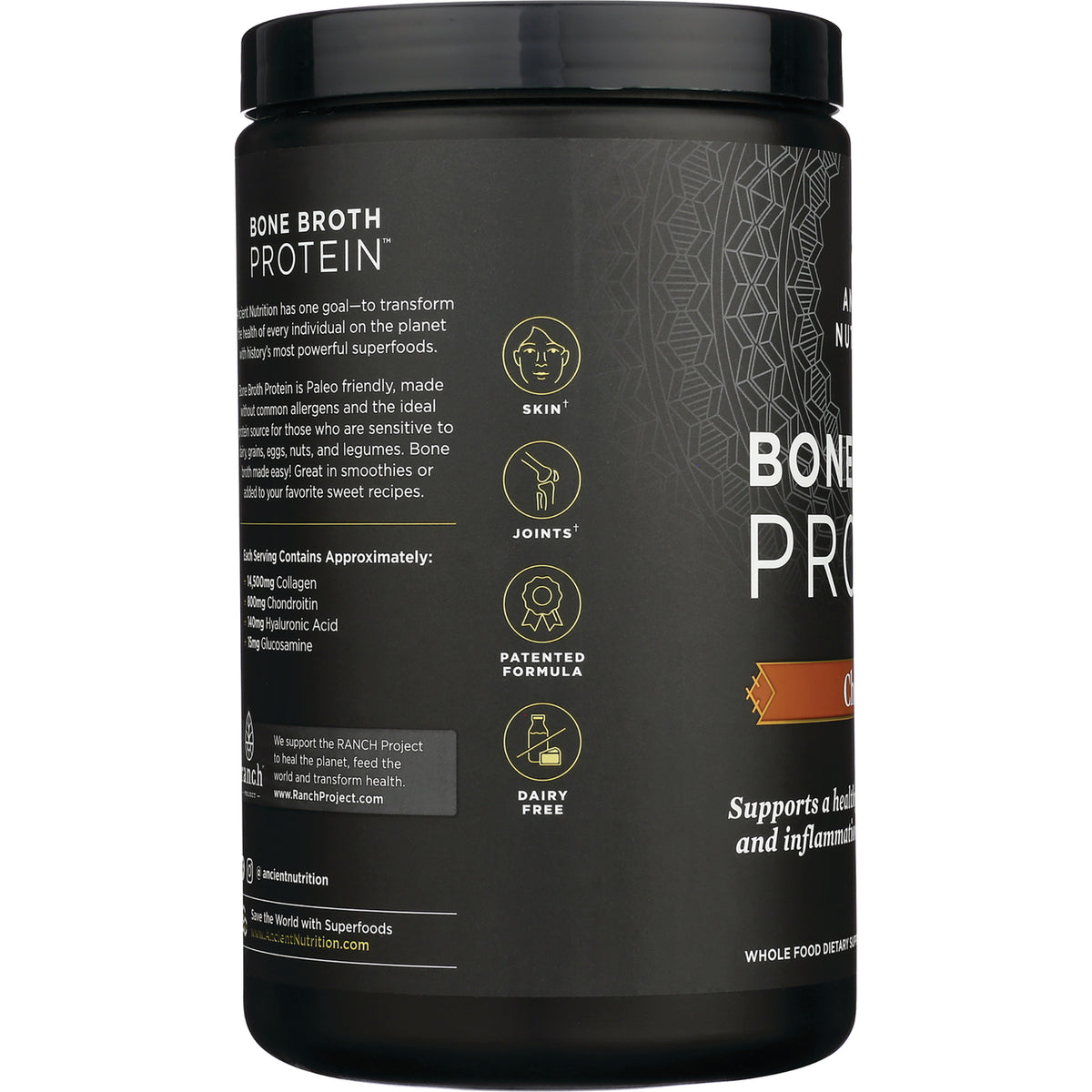 ATN003 | side infographic panel of Bone Broth Protein tub showing skin, joints, patented formula, dairy-free icons and ingredient highlights