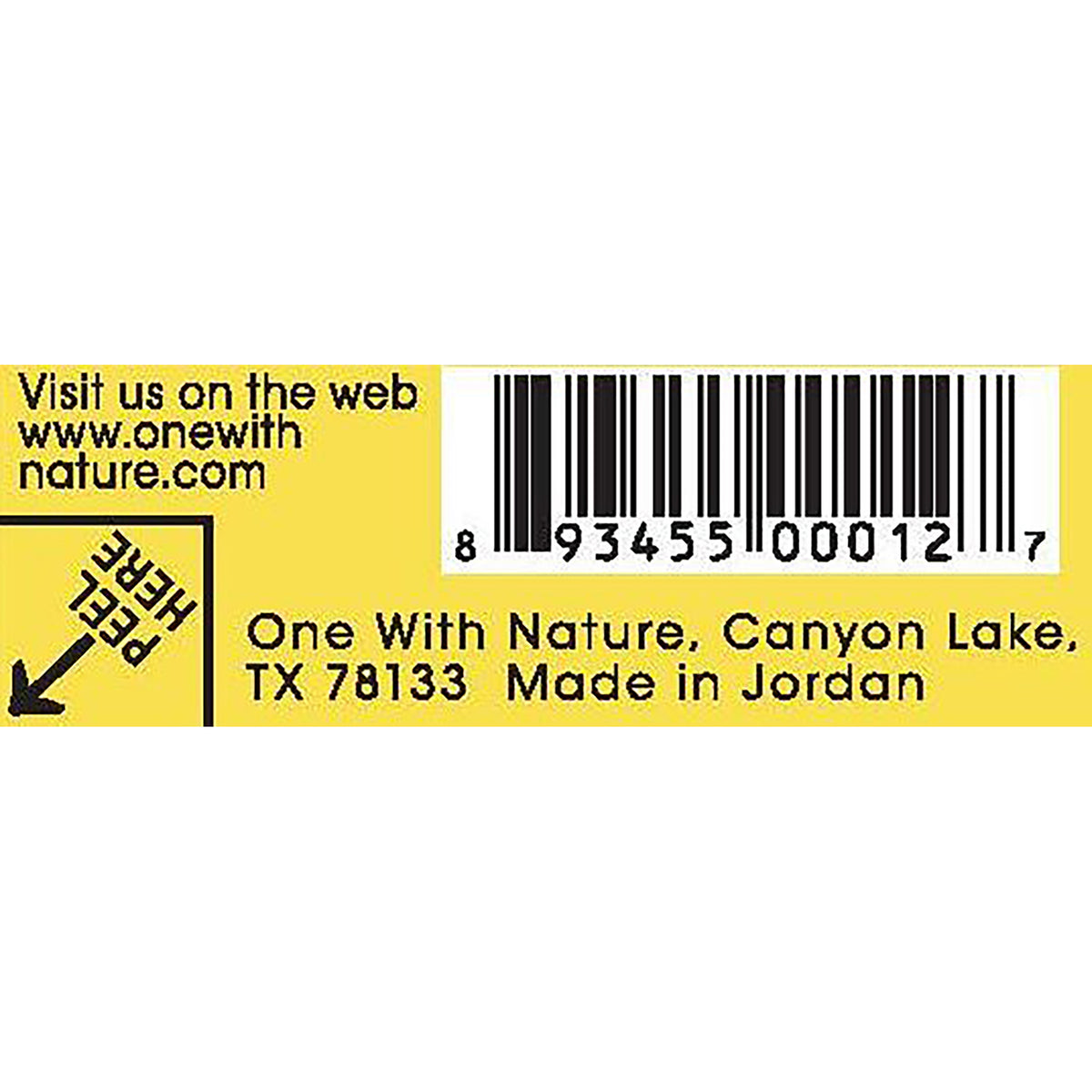 OWN009 | back label with barcode and text One With Nature, Perkasie PA 18944 Made in Jordan