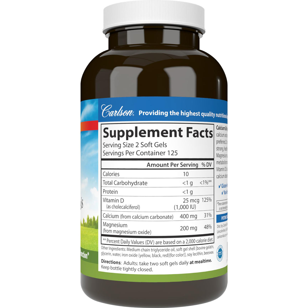 Supplement Facts panel and directions on back of a brown Carlson supplement bottle