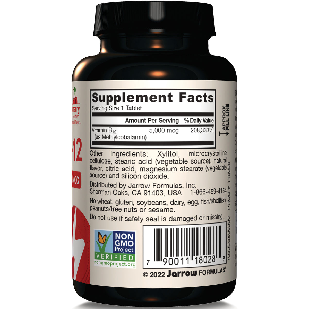 JR361 | Bottle back showing Supplement Facts panel and ingredients list, Vitamin B12 5,000 mcg