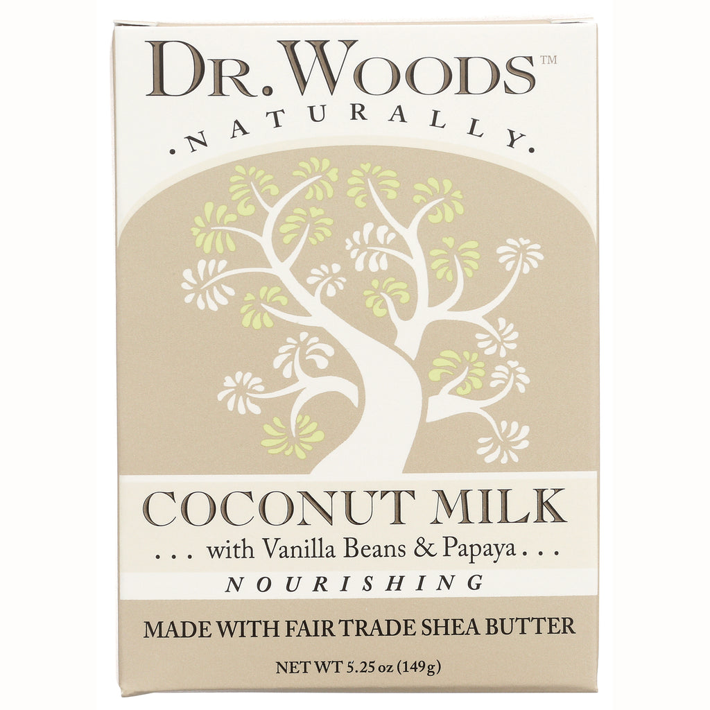DRW013 | Dr. Woods Coconut Milk soap box front with stylized tree, labeled Coconut Milk with Vanilla Beans & Papaya, made with fair trade shea butter - Thumbnail