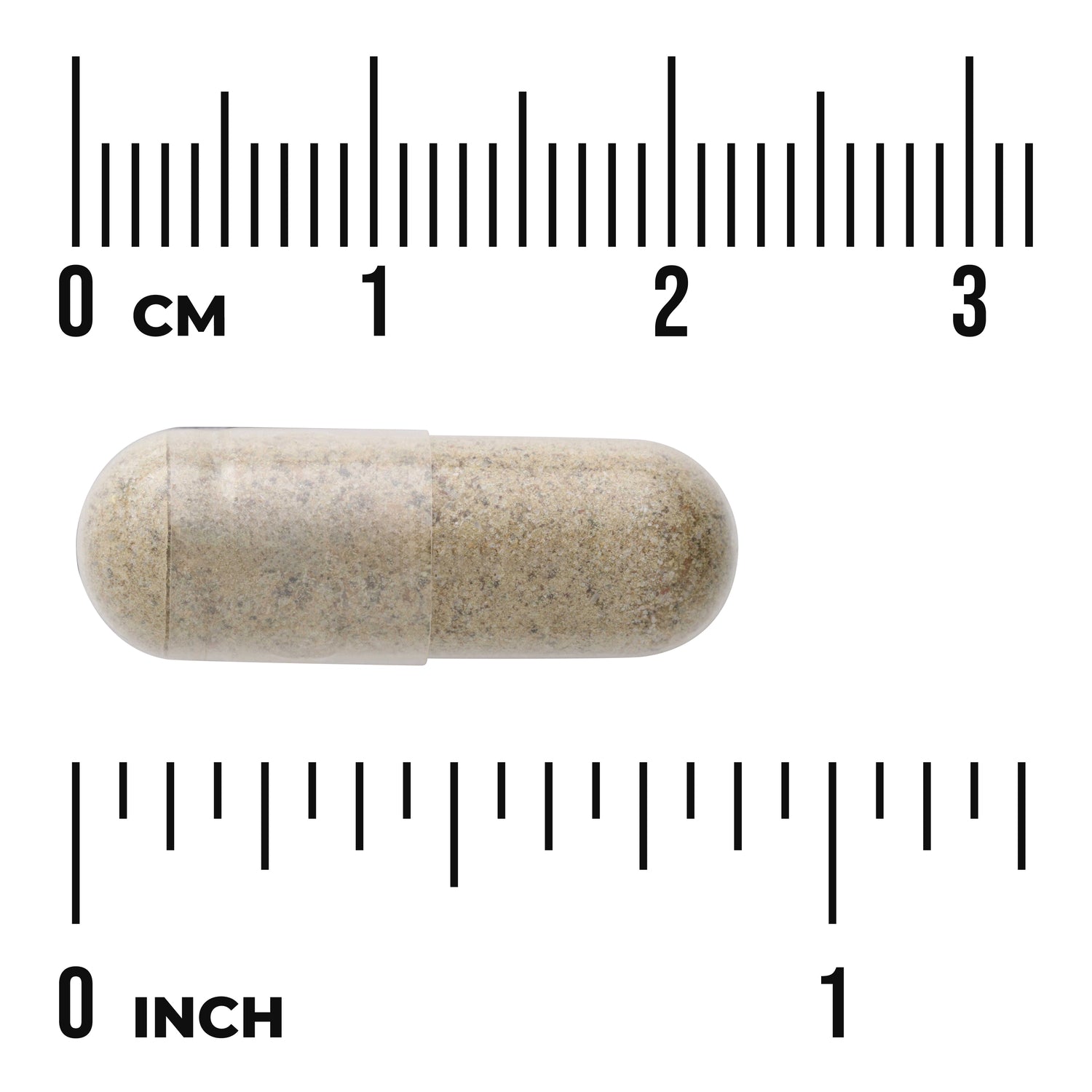 SW1522 | Beige capsule with size scale, rulers labeled 03 cm and 01 inch