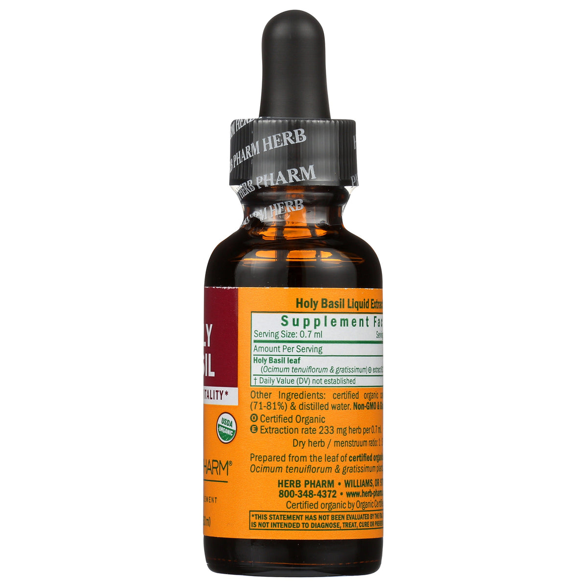 HPH022 | Holy Basil liquid extract bottle with dropper and Supplement Facts label