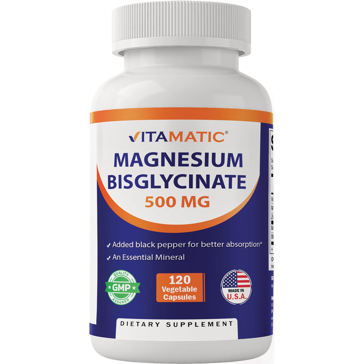 VAM015 | Vitamatic Magnesium Bisglycinate 500 mg supplement, 120 vegetable capsules bottle