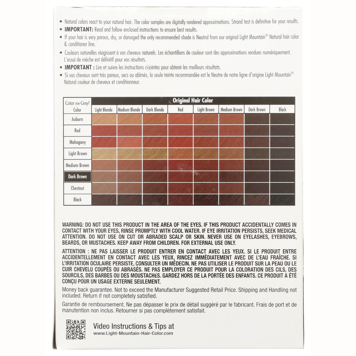 LTM006 | back of hair color box showing original hair color chart, warnings, and usage instructions