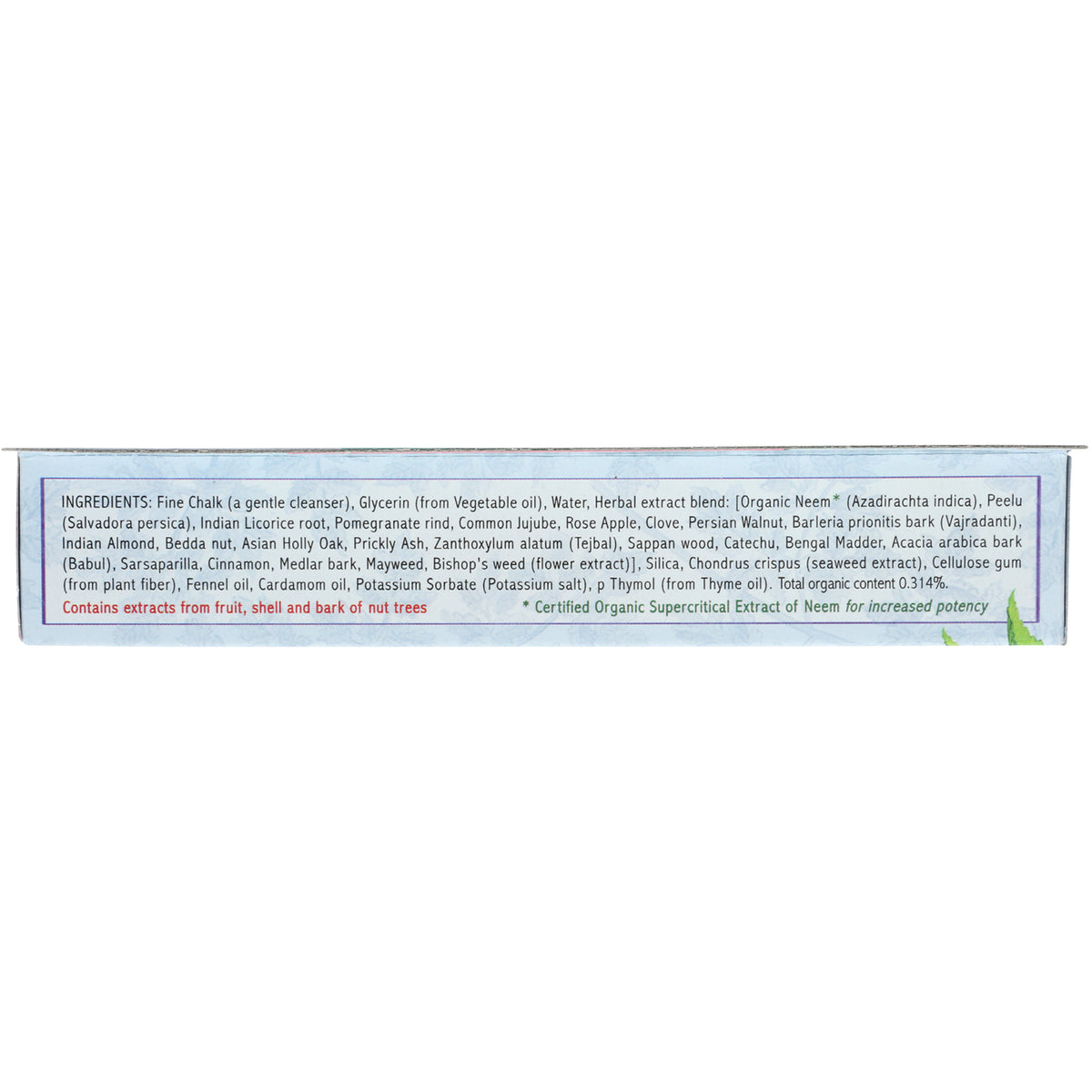 AUR008 | Back of box showing ingredients list and allergen warning Contains extracts from fruit, shell and bark of nut trees