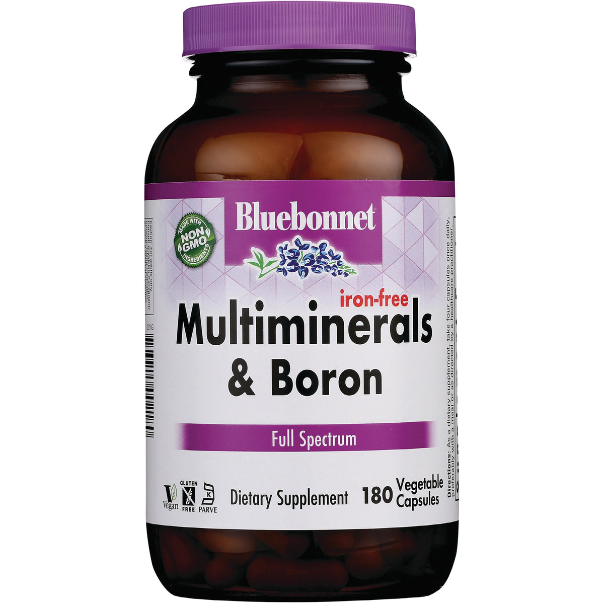 BLU082 | Bluebonnet Multiminerals & Boron iron-free supplement bottle, Full Spectrum, 180 vegetable capsules