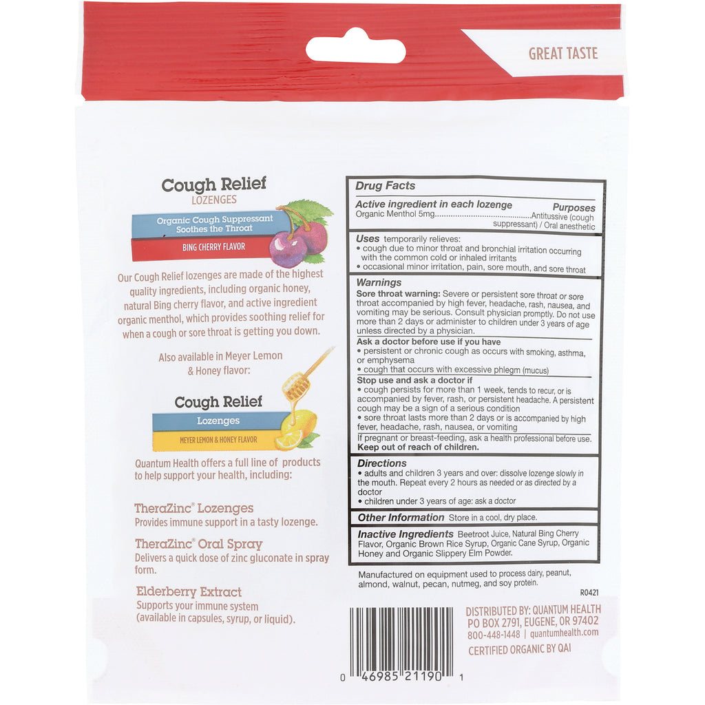 QU074 | Back of cough relief lozenges pouch showing Drug Facts, inactive ingredients, barcode and product descriptions - Thumbnail