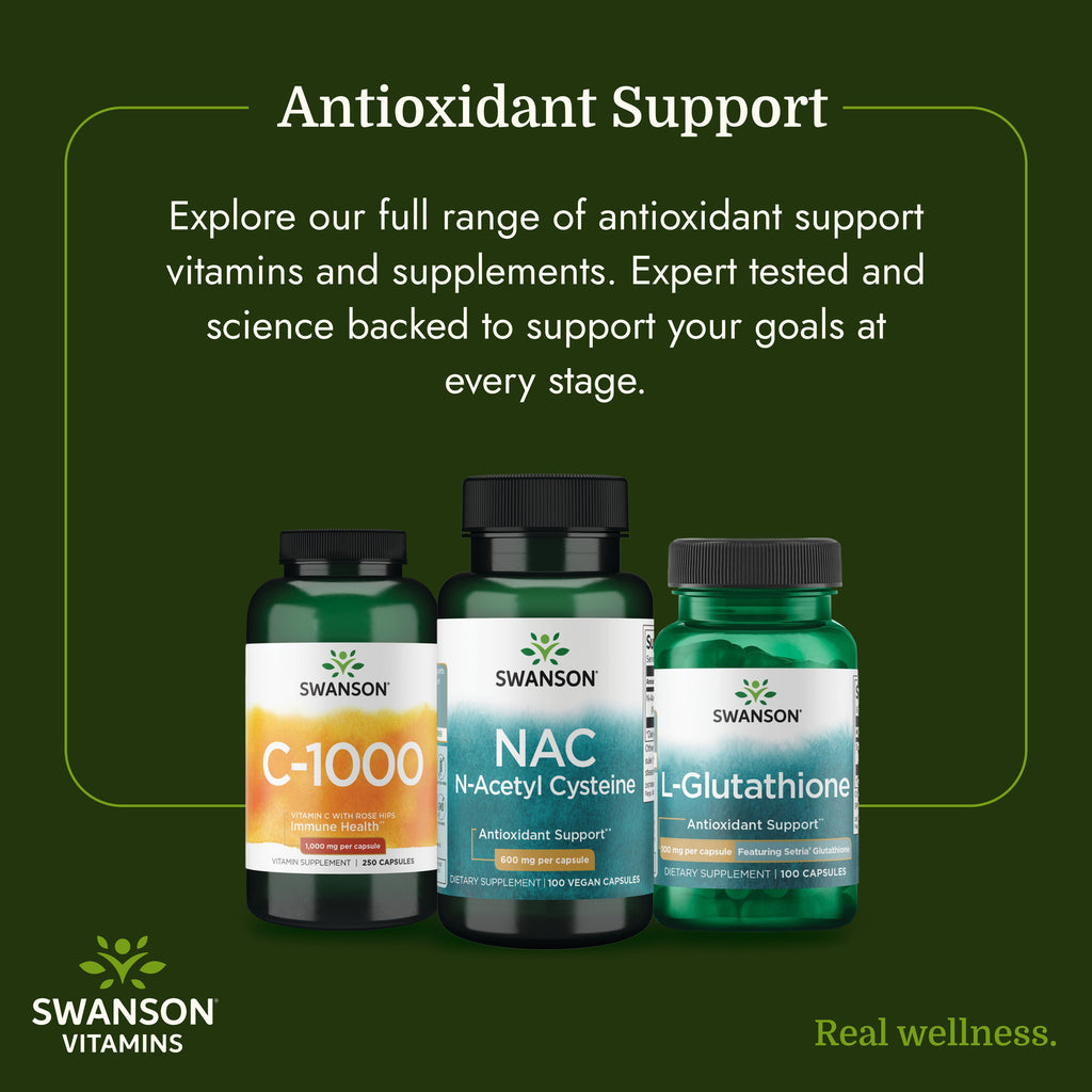 SW854 | Swanson antioxidant support infographic with C-1000, NAC, and L-Glutathione bottles - Thumbnail