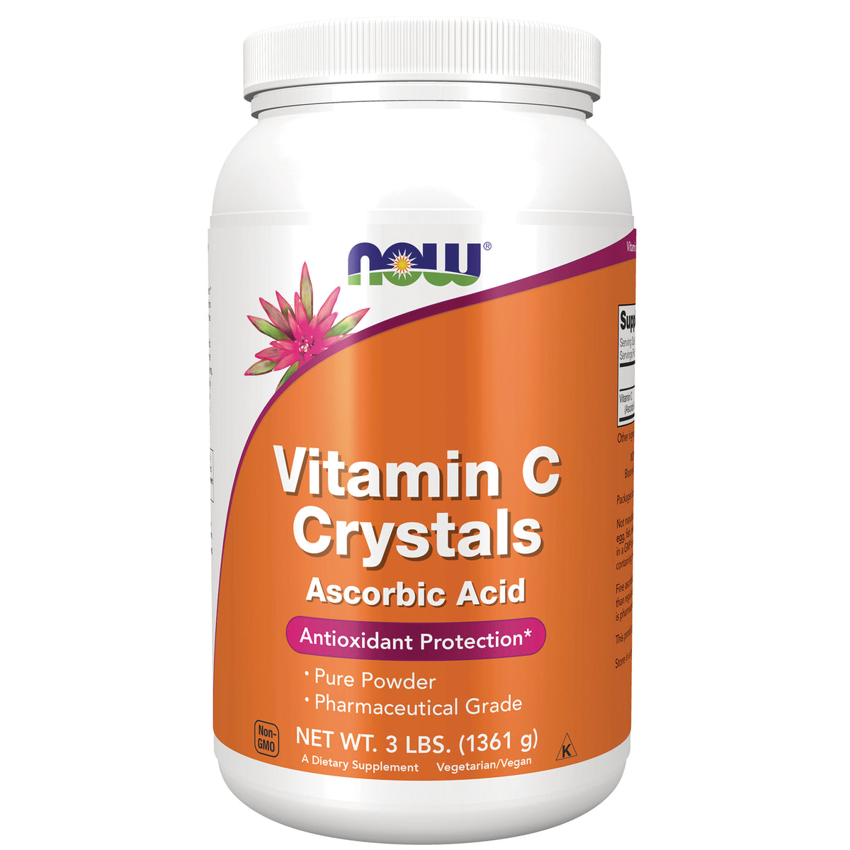 NWF1244 | NOW Vitamin C Crystals ascorbic acid powder container, 3 lbs, orange front label