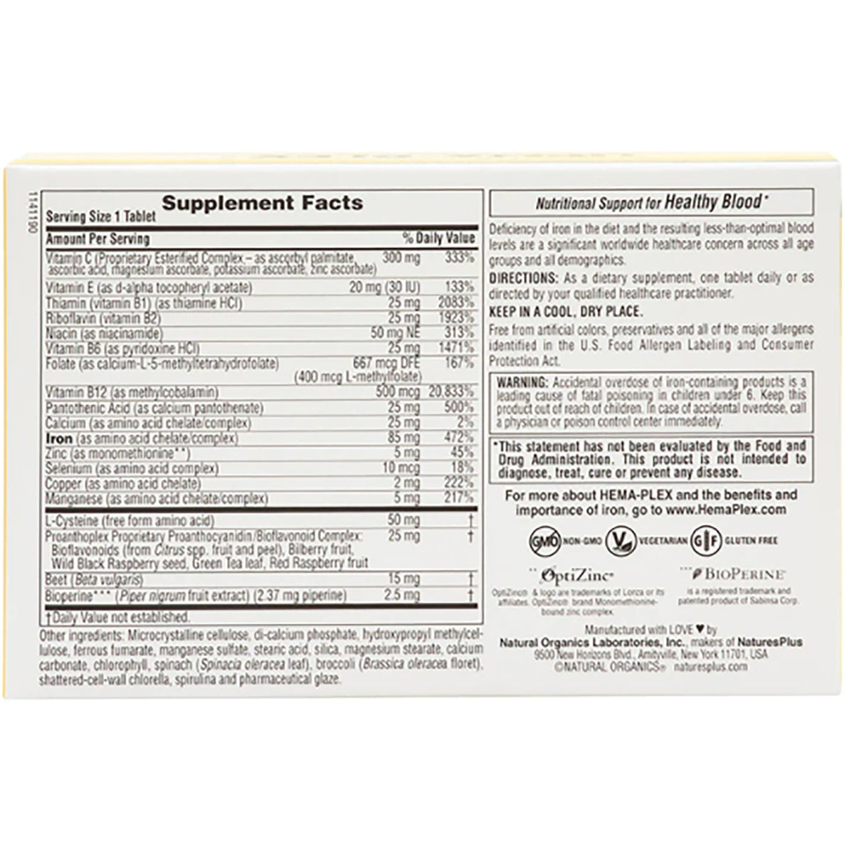 NTP070 | Supplement Facts panel and product information on back of white supplement box