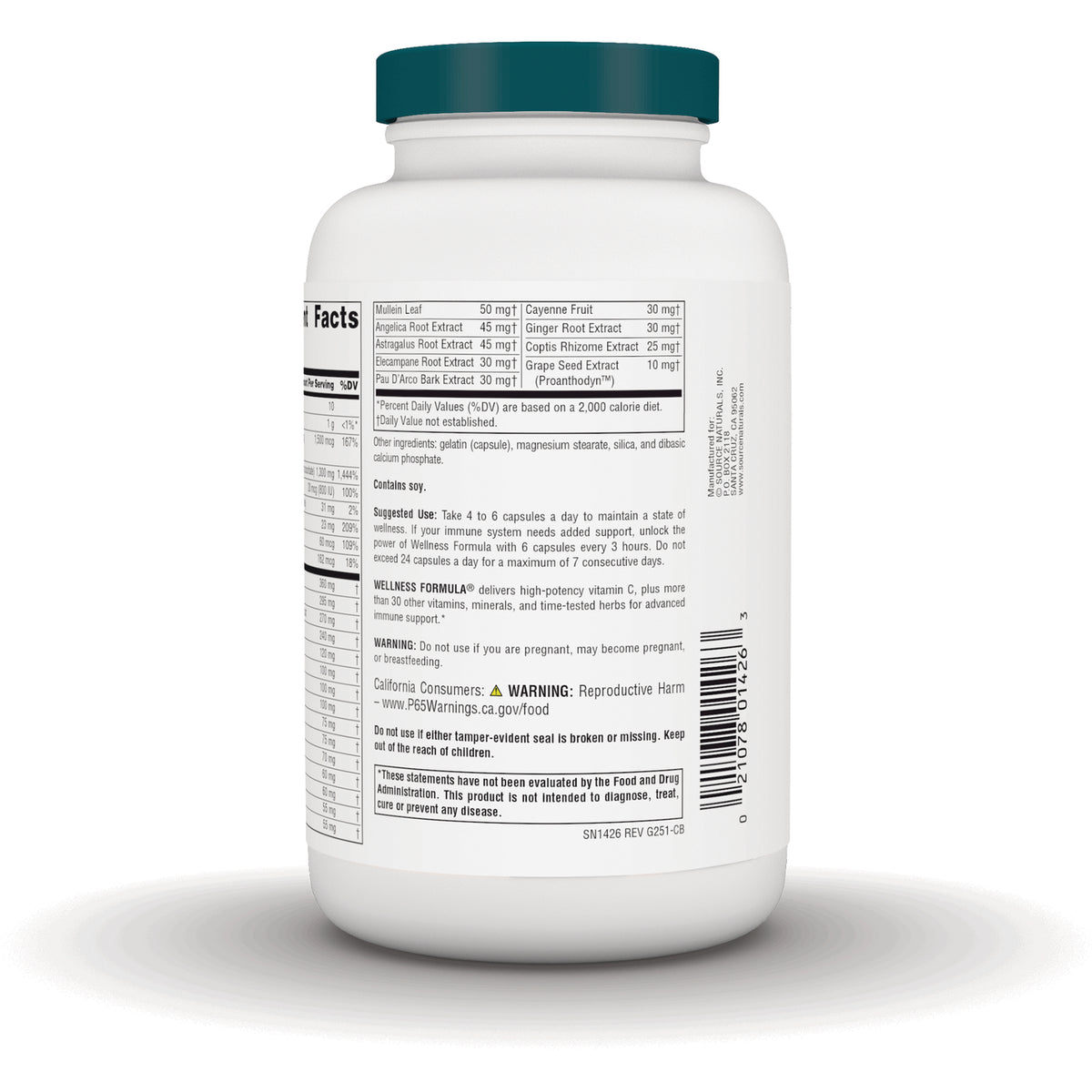 SN219 | Back label with Supplement Facts, ingredients, warnings, suggested use, and barcode