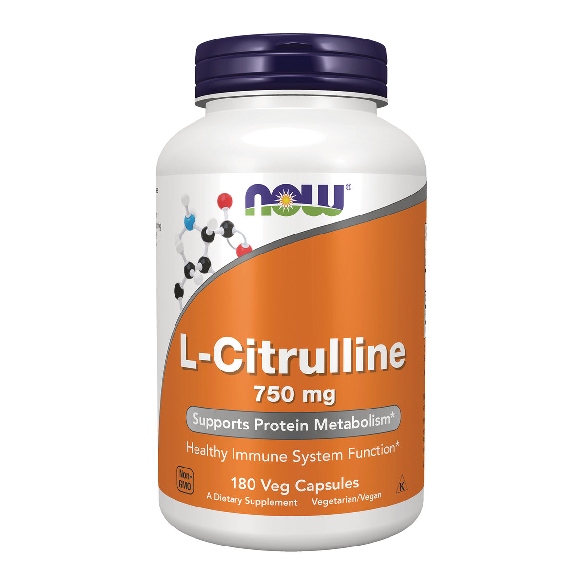 NWF830 | NOW L-Citrulline 750 mg supplement bottle with orange label and 180 veg capsules