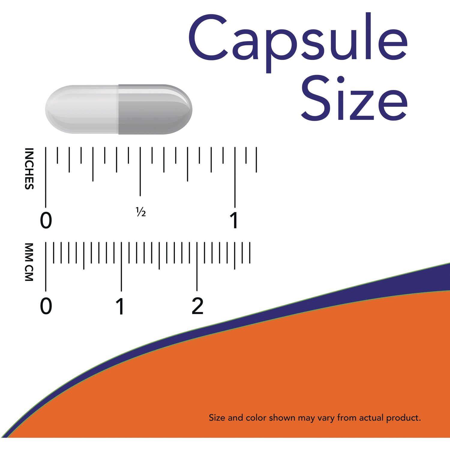 NWF1314 | gray capsule next to rulers showing inches and millimeters with text Capsule Size
