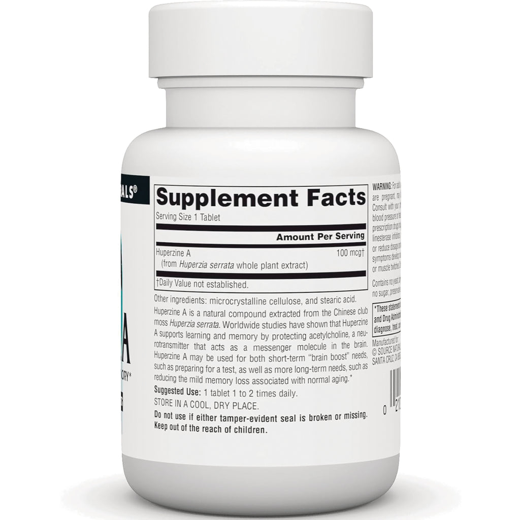 SN718 | Back label with Supplement Facts panel and ingredients for Huperzine A 100 mcg tablets - Thumbnail