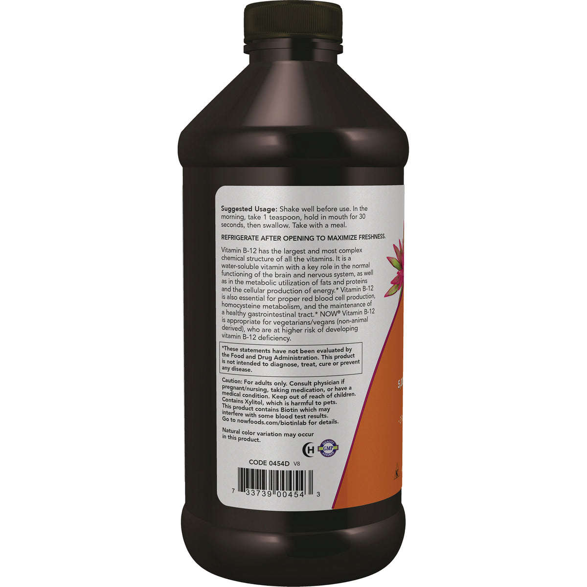 NWF784 | back label of brown supplement bottle showing usage instructions, caution text and barcode