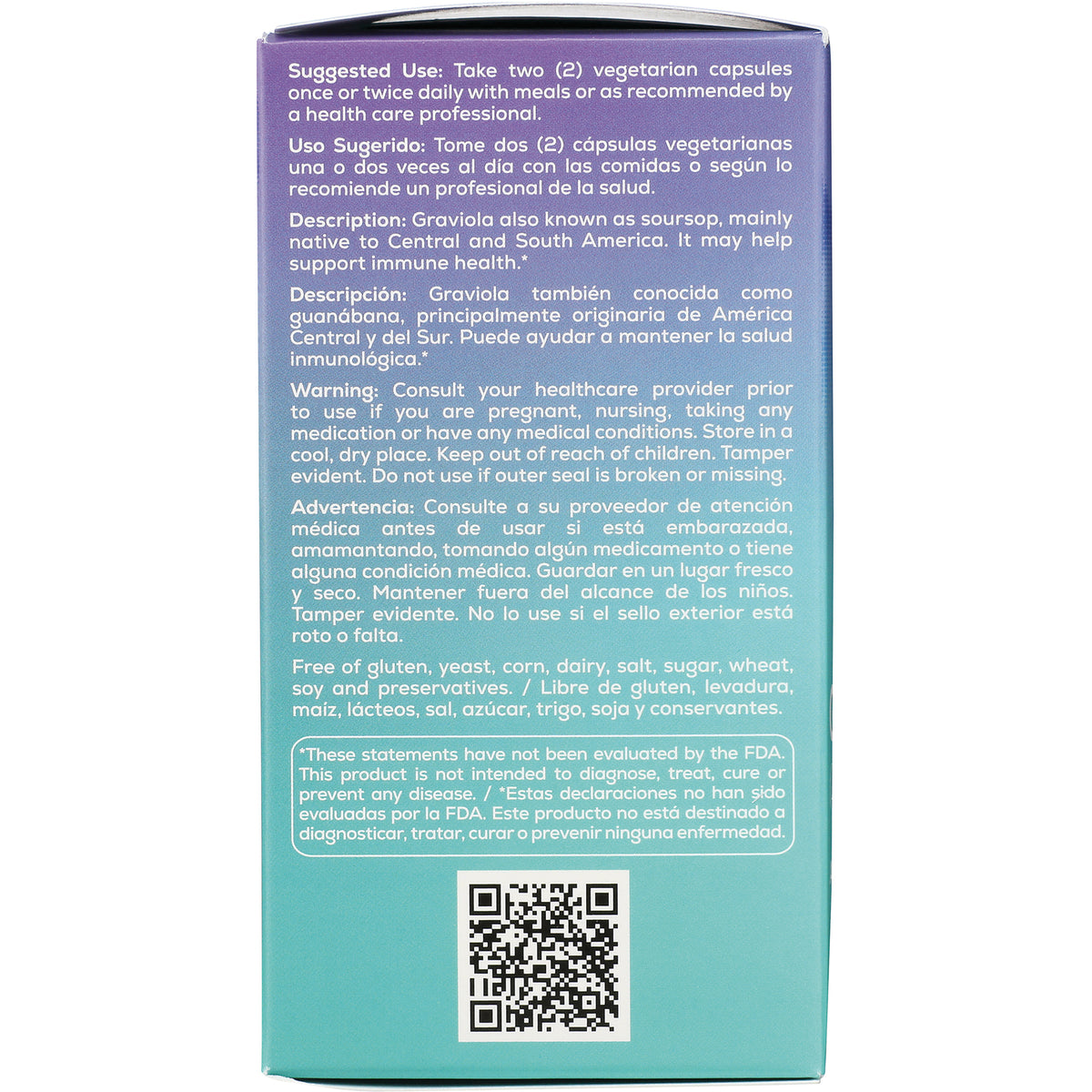 BNN033 | Back of teal and purple supplement box showing suggested use, warnings, bilingual text and QR code