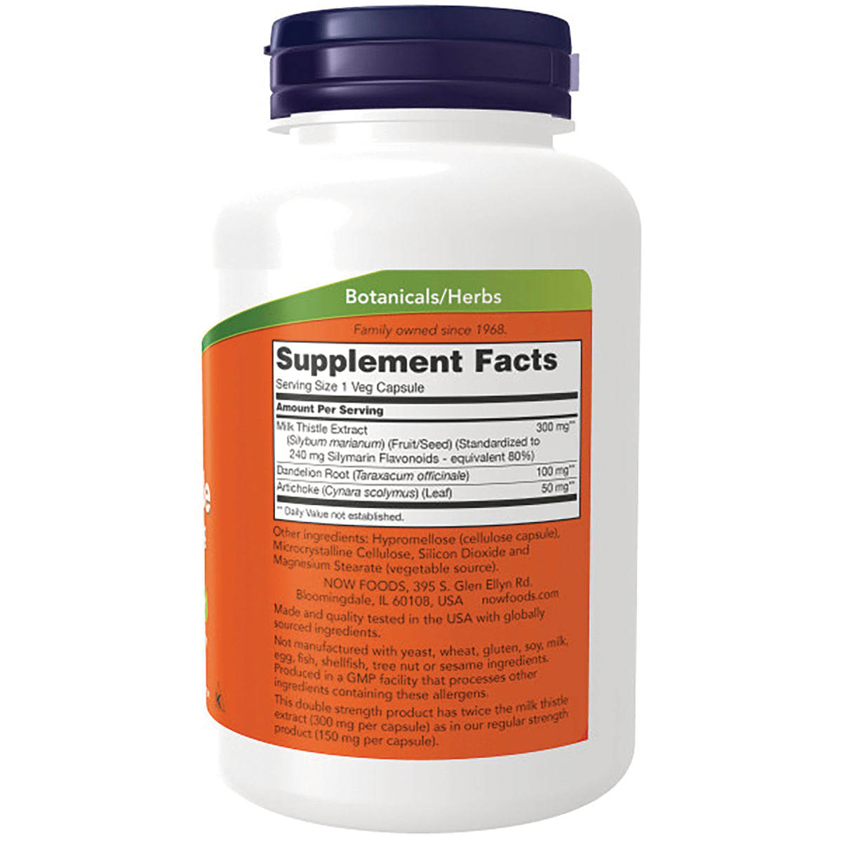 NWF571 | White supplement bottle back with orange label showing Supplement Facts panel and ingredients, purple cap