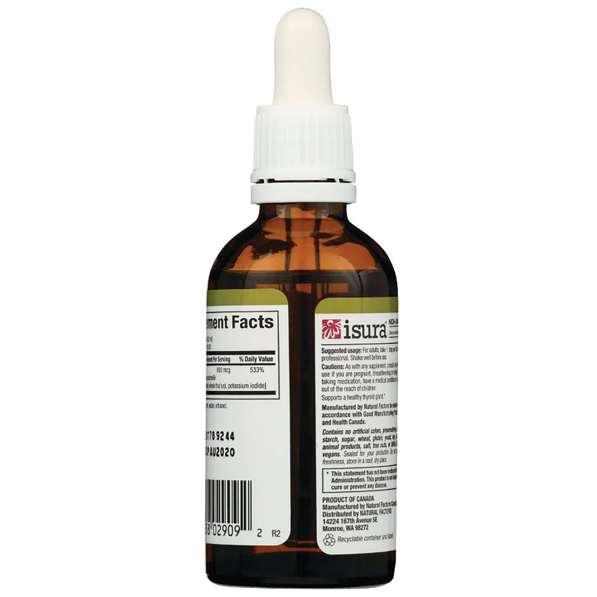 NFC122 | back of amber dropper bottle showing Supplement Facts label, small text panel and barcode