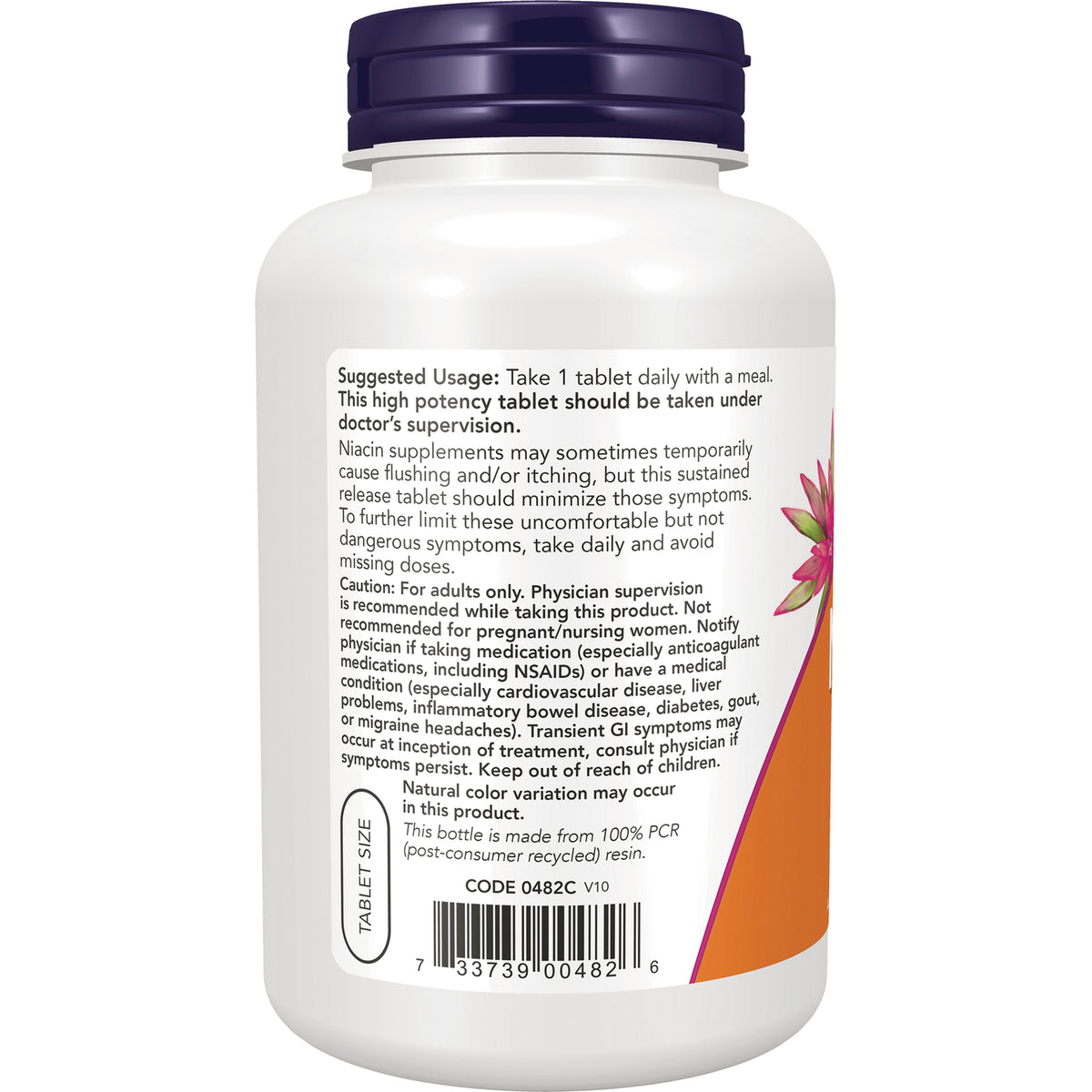 NWF1465 | back label of white supplement bottle showing suggested usage, warnings, barcode and tablet size