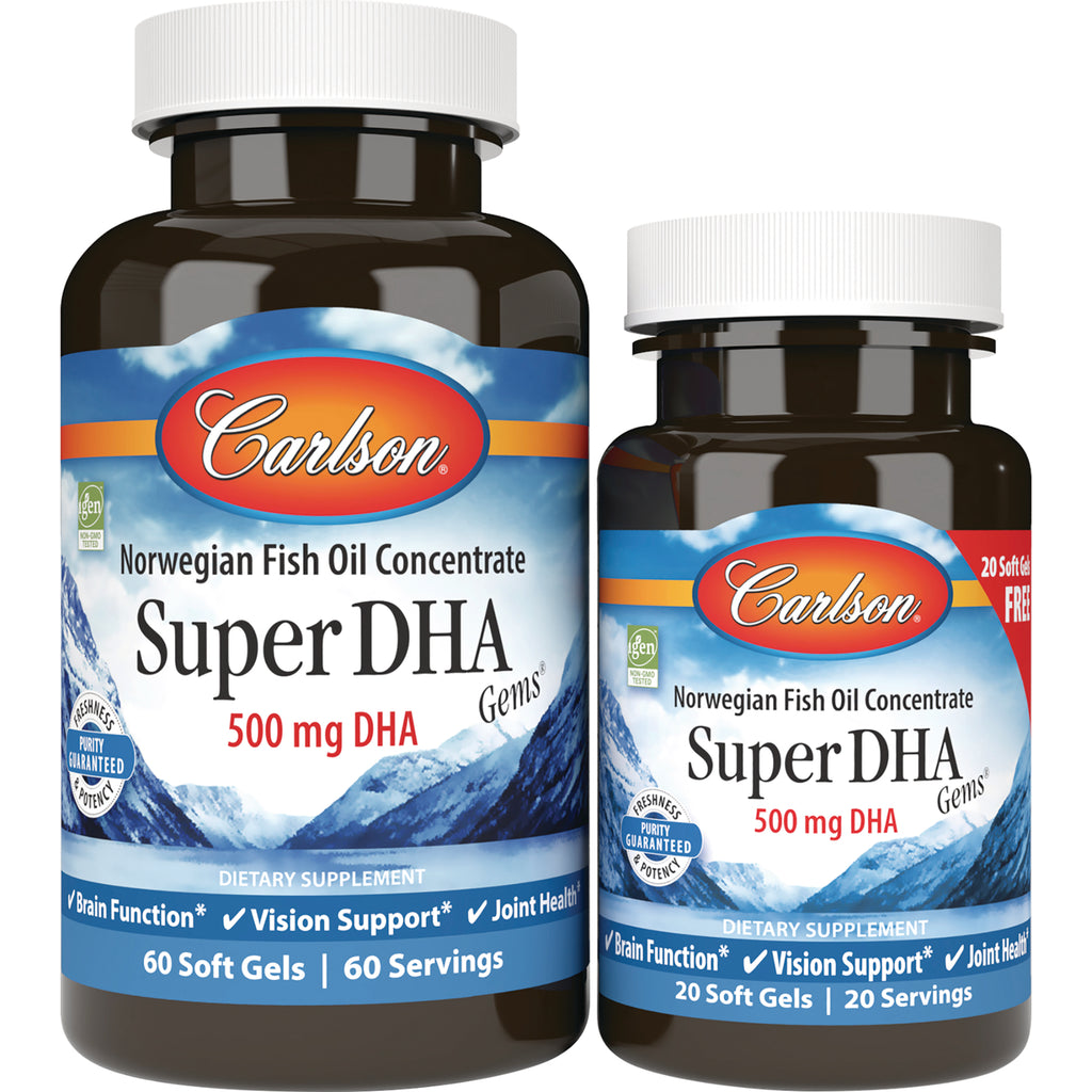 CSN215 | Two Carlson Super DHA 500 mg DHA supplement bottles with front labels visible - Thumbnail