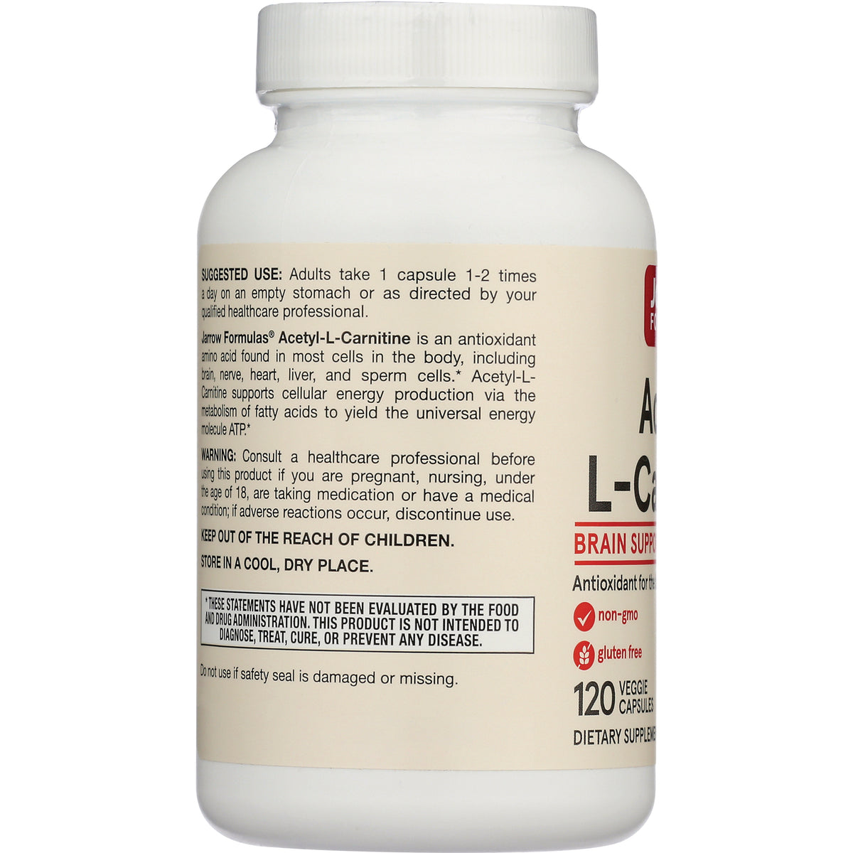 JR352 | Back label of white supplement bottle showing suggested use, warnings, and storage instructions