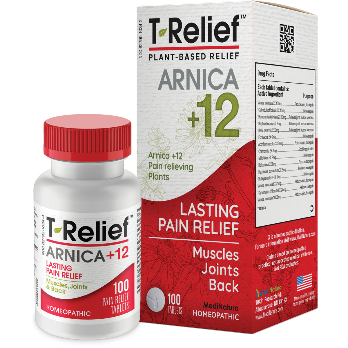 MNA025 | T-Relief Arnica +12 plant-based lasting pain relief box for muscles, joints, back, 100 tablets