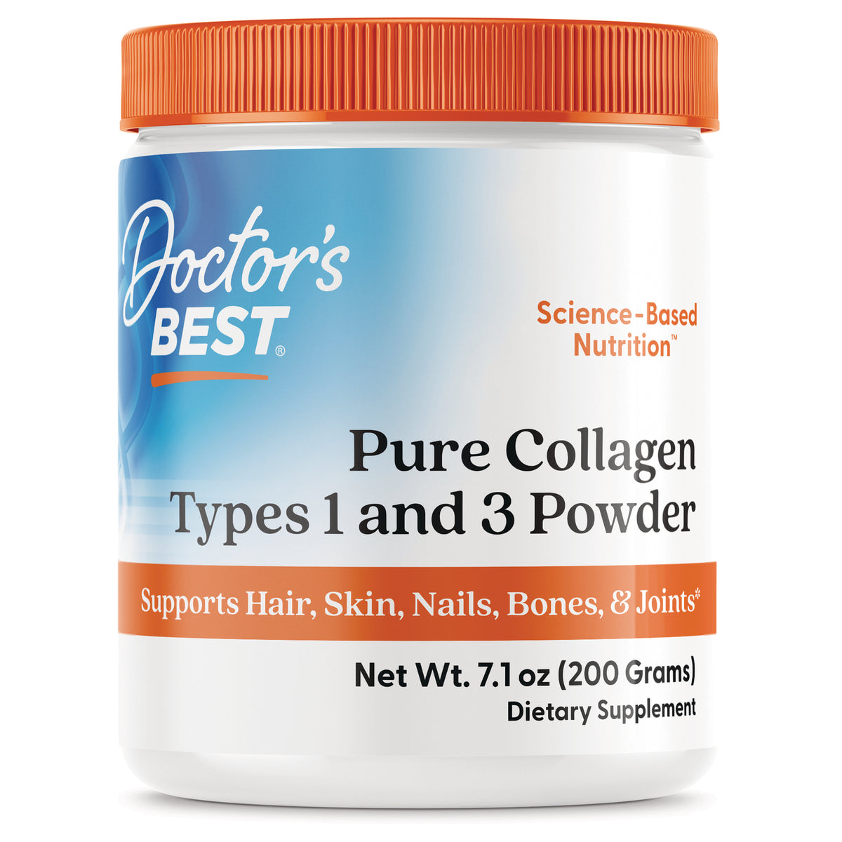 DB128 | Doctor's Best Pure Collagen Types 1 and 3 powder container, supports hair, skin, nails, bones & joints, 7.1 oz