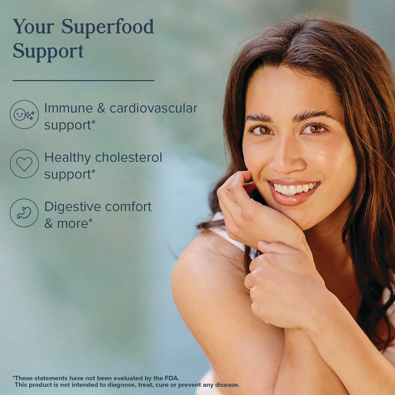 Smiling woman beside text Your Superfood Support and icons for immune, cardiovascular, cholesterol, and digestive support