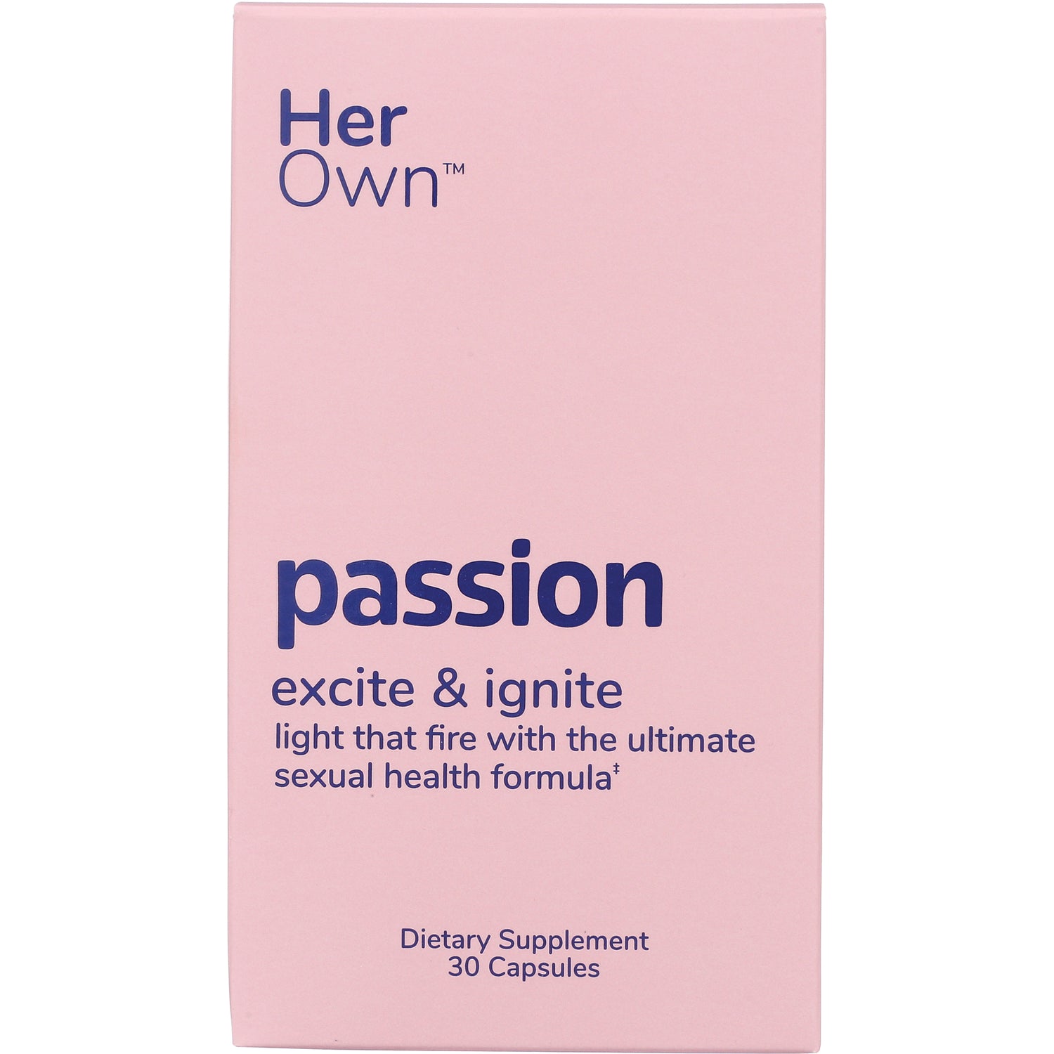 HO002 | Pink front-facing Her Own packaging labeled passion excite & ignite dietary supplement 30 capsules