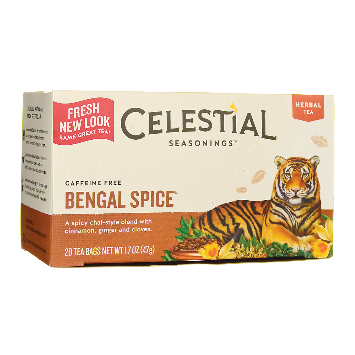 CEL001 | Celestial Seasonings Bengal Spice herbal tea box with tiger illustration and visible text BENGAL SPICE and FRESH NEW LOOK