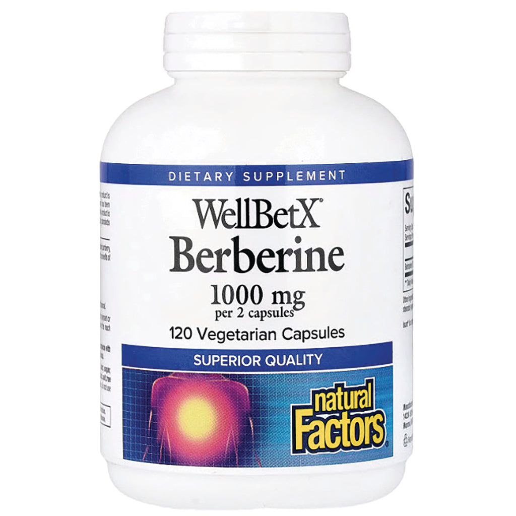 NFC212 | WellBetX Berberine 1000 mg white bottle labeled 120 Vegetarian Capsules and natural Factors logo - Thumbnail