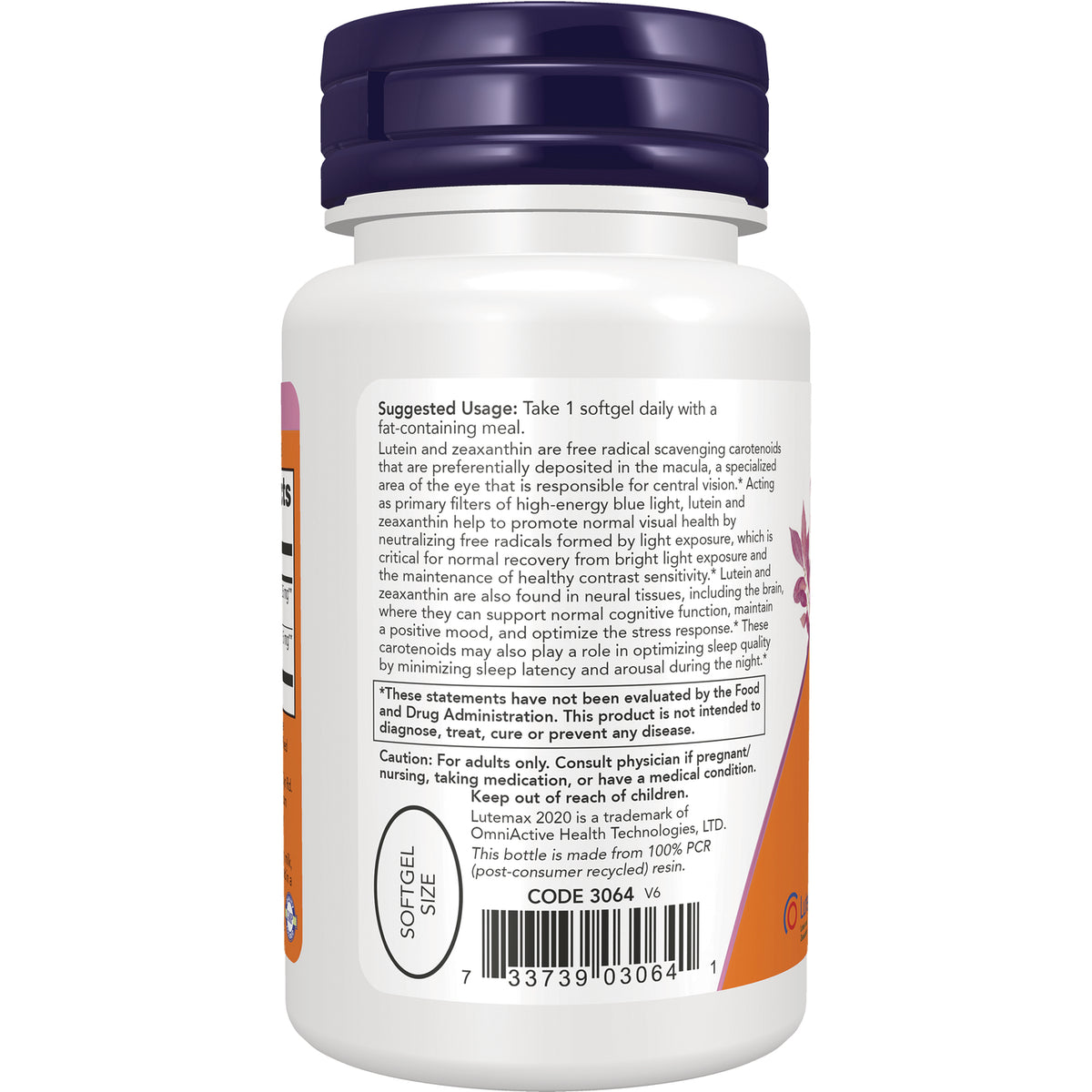 NWF1329 | Back of white supplement bottle showing suggested usage, caution statements and barcode