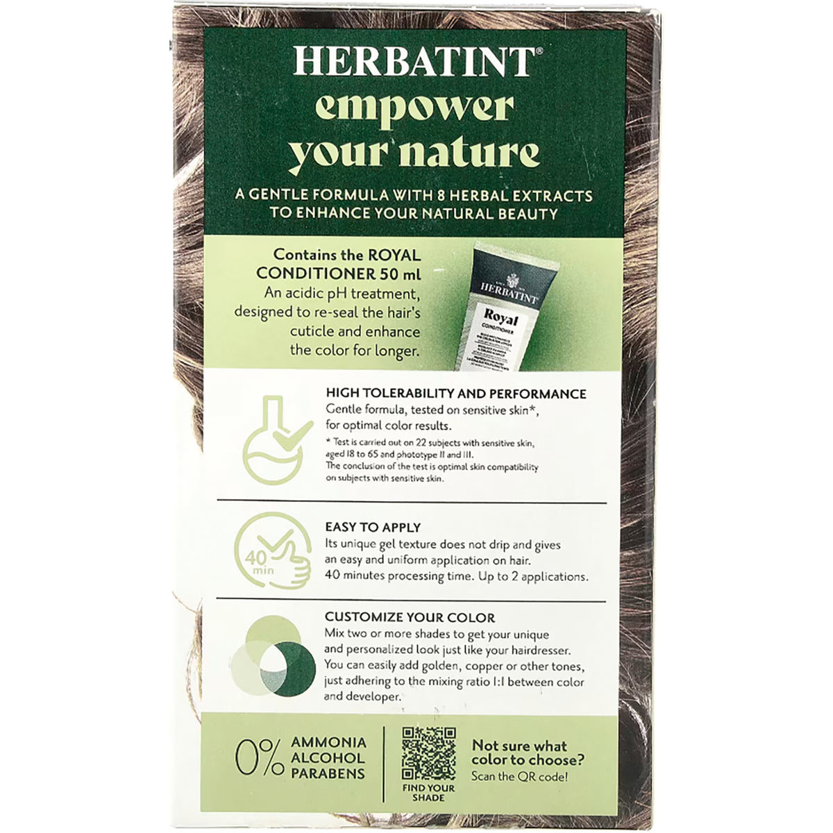 HBT006 | back of Herbatint hair color box showing conditioner 50 ml, high tolerability and easy to apply claims, 0% ammonia alcohol parabens and QR code