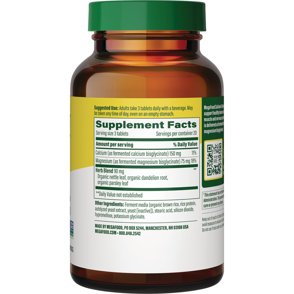MGF039 | back label showing Supplement Facts panel listing serving size, calcium, magnesium, herb blend and other ingredients