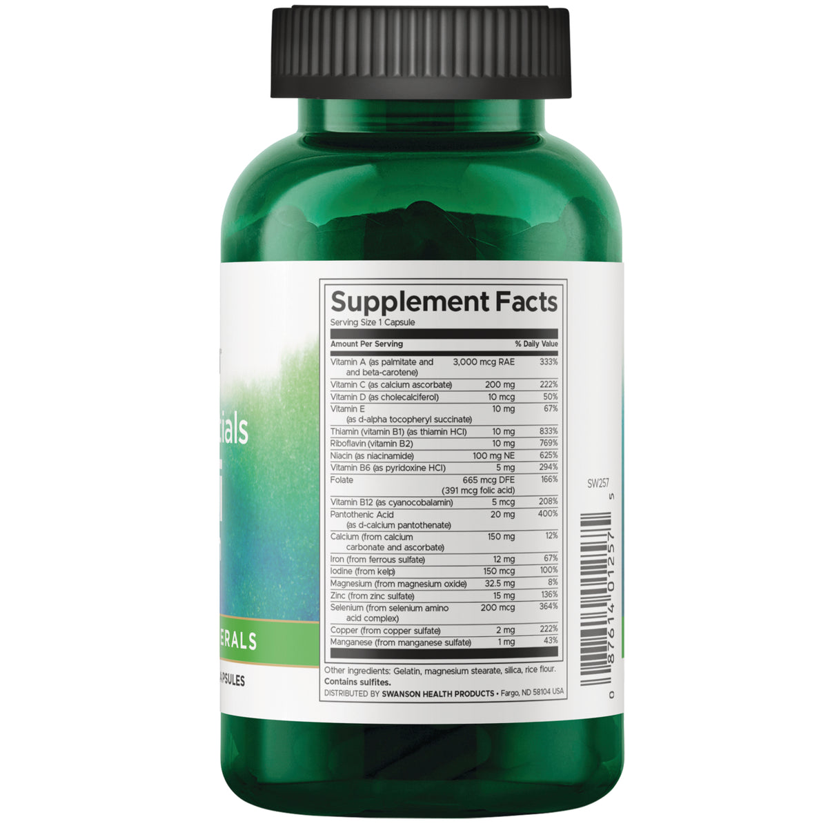 SW257 | Back of green supplement bottle showing Supplement Facts panel and barcode
