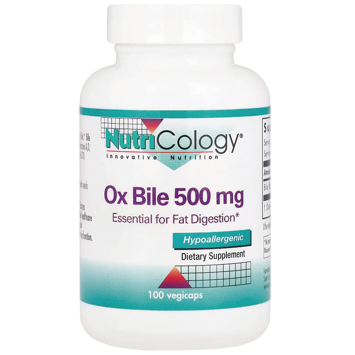 NCL013 | Nutricology Ox Bile 500 mg supplement bottle, hypoallergenic, 100 vegicaps
