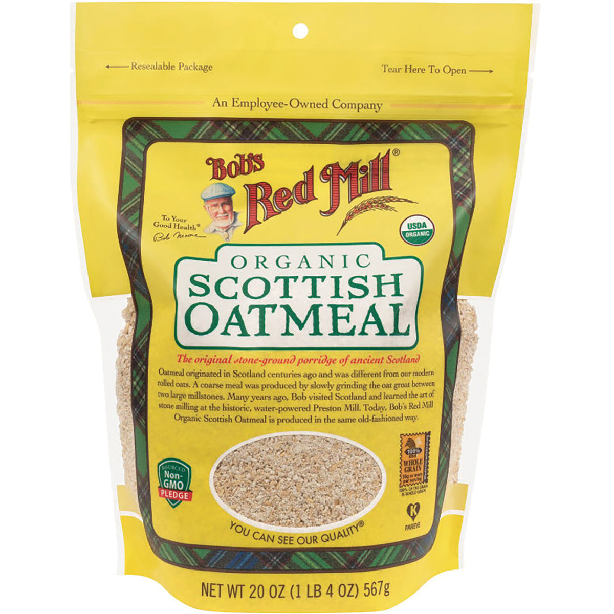 BOB316 | Bob's Red Mill organic Scottish oatmeal resealable 20 oz bag with window showing oats