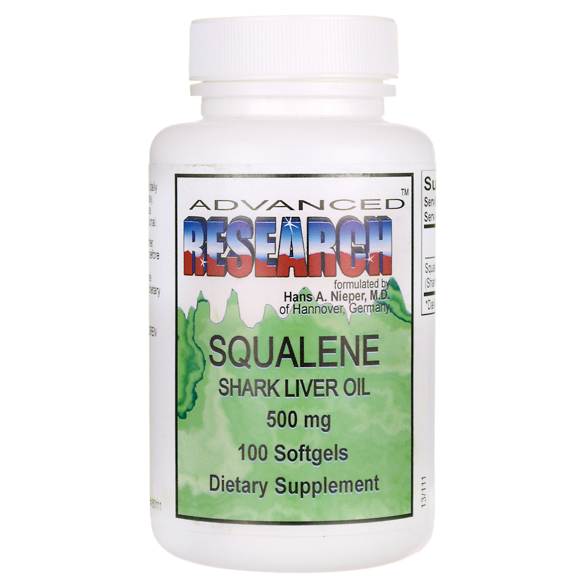 ADR015 | Advanced Research Squalene Shark Liver Oil 500 mg, 100 softgels dietary supplement bottle