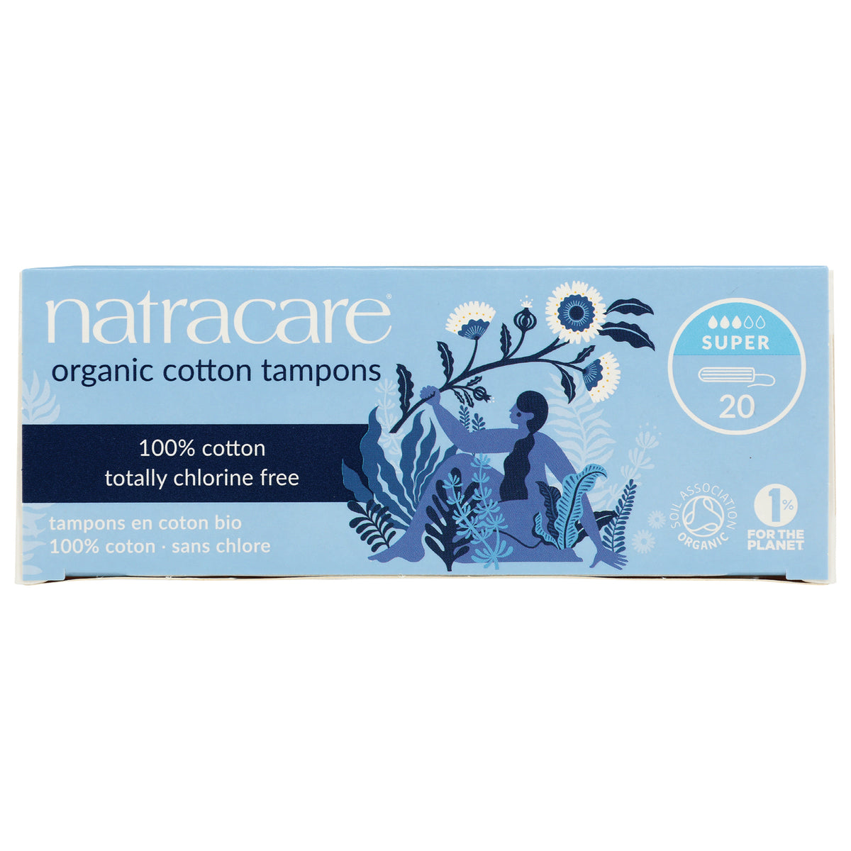 NCR002 | Natracare organic cotton tampons box, super absorbency, 20 count, blue packaging