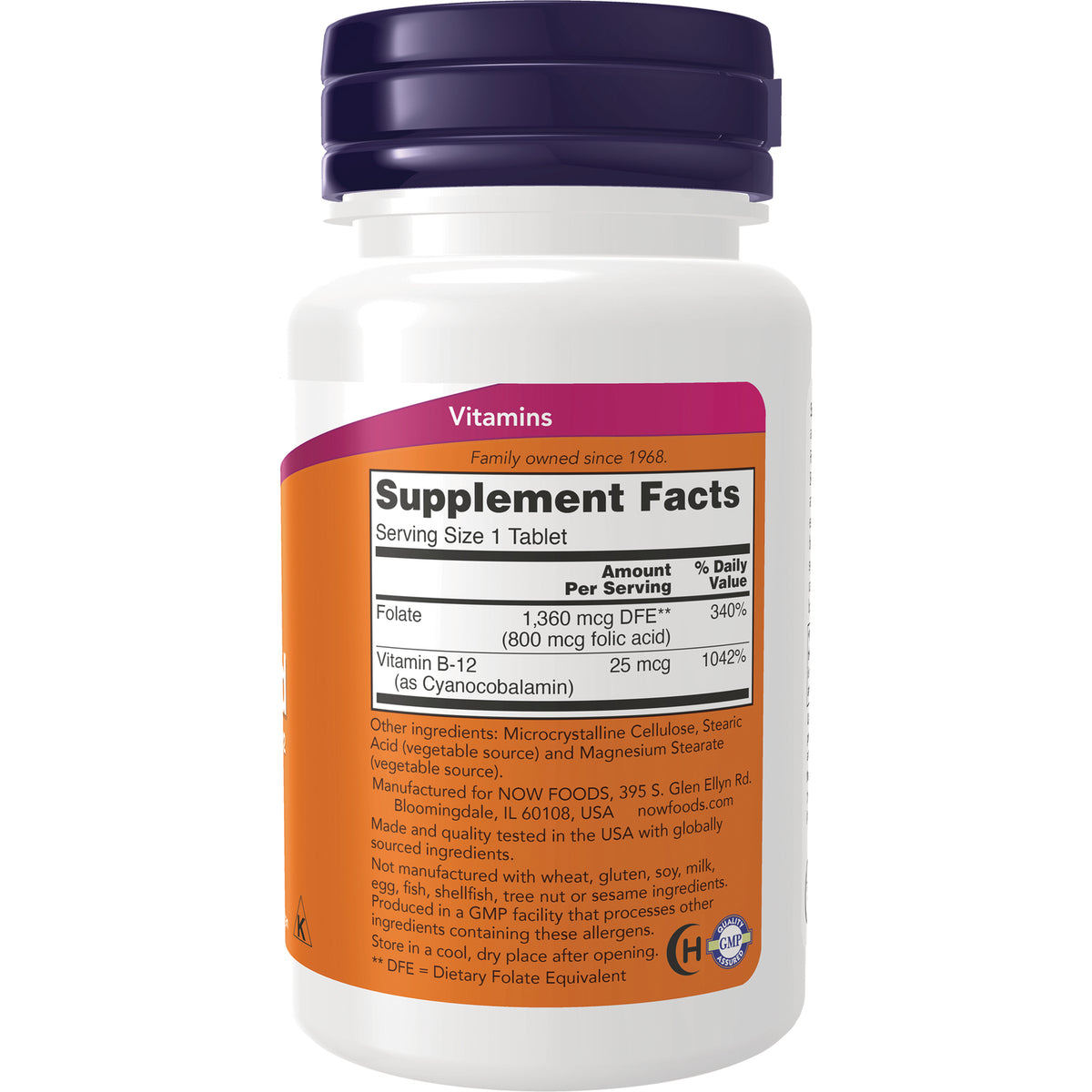 NWF046 | Bottle back label with Supplement Facts showing serving size 1 tablet, folate 1,360 mcg DFE and vitamin B-12 25 mcg