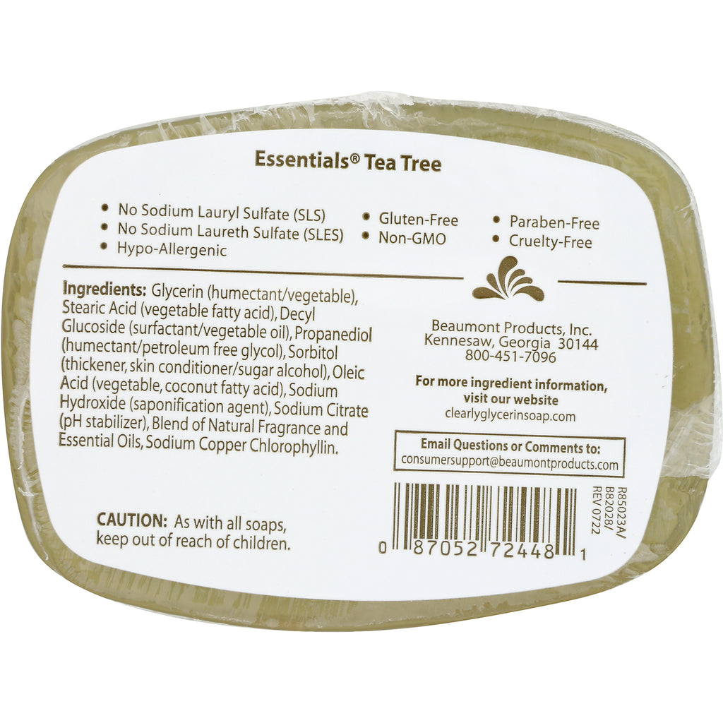 CLN033 | Back label of Tea Tree soap showing ingredients, product claims and barcode - Thumbnail