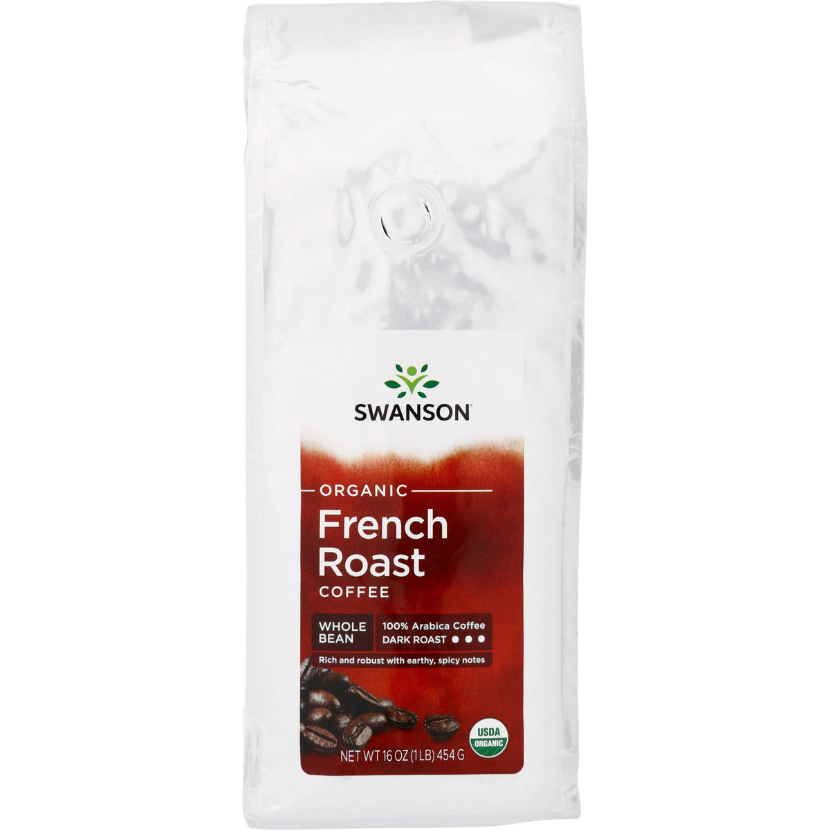 SWF066 | Swanson Organic French Roast Coffee, Whole Bean, Dark Roast, 100% Arabica, 16 oz bag