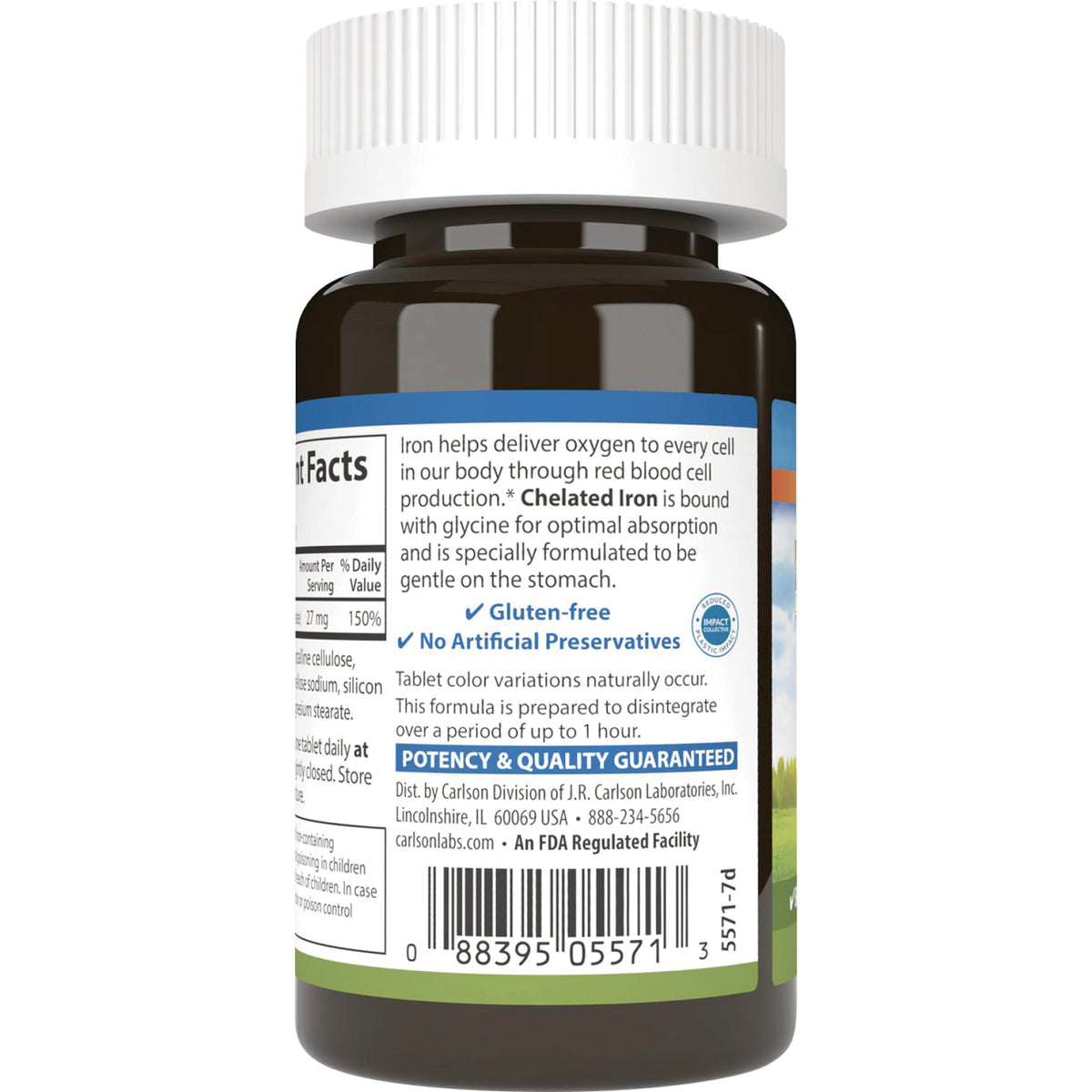 CSN198 | Back of supplement bottle showing supplement facts panel, potency & quality guaranteed statement and barcode
