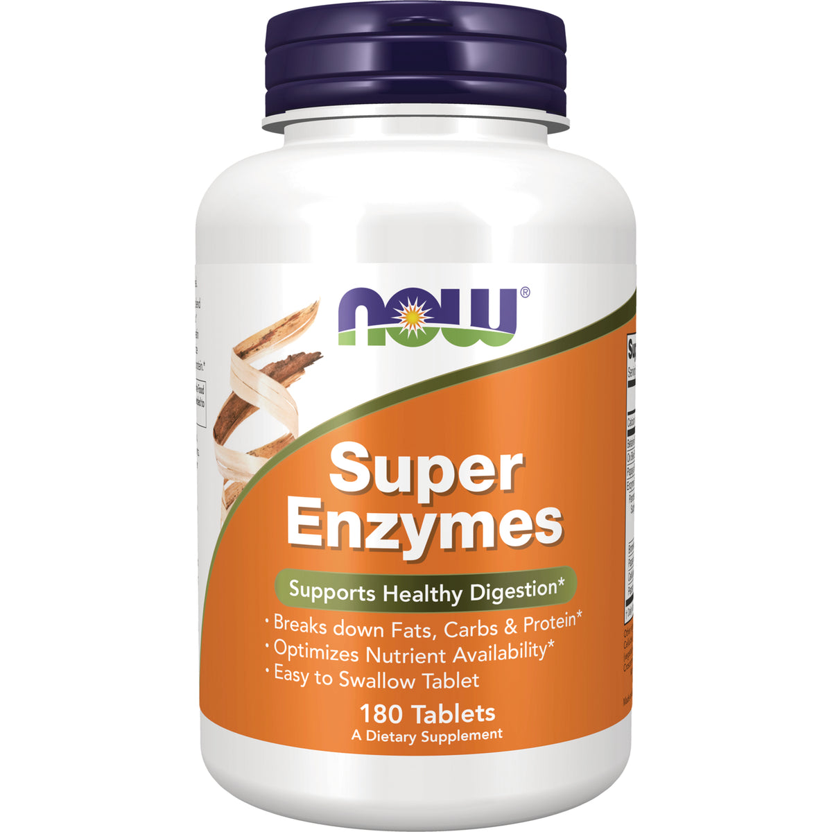 NWF782 | Now Super Enzymes dietary supplement bottle with orange label showing Super Enzymes and 180 Tablets