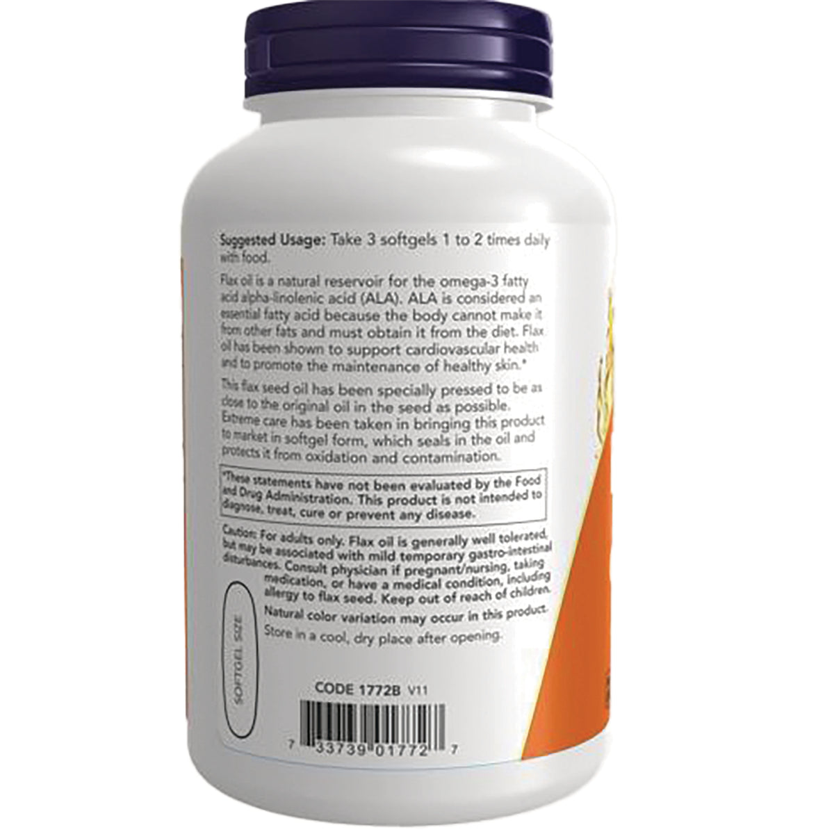 NWF884 | Back label of white supplement bottle showing usage directions, caution text and barcode